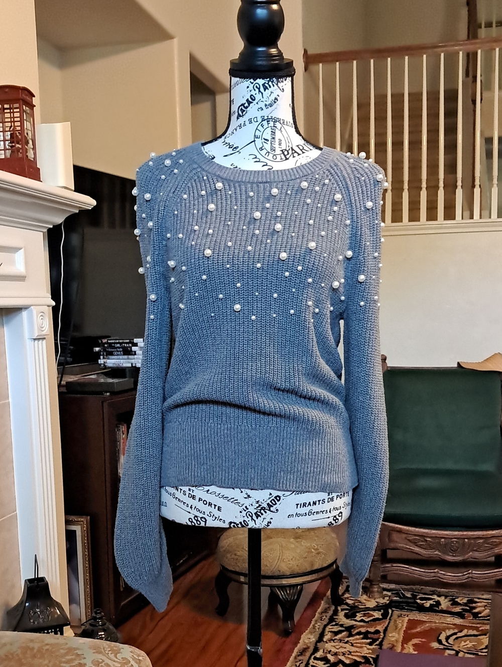 LOFT Light Grey Pearl-Trim Crew Neck Sweater Small